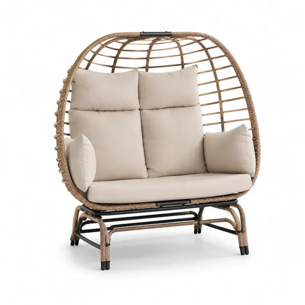 Gartensessel 2-Sitzer 150 x 95 x 155 cm aus pulverbeschichtetem Stahl PE Rattan und Polyester bogenförmig Naturbeige Creme Schwarz mit Kissen