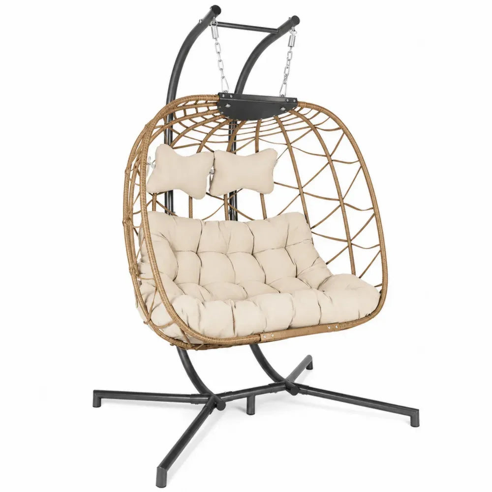 Hängesessel mit Gestell 2-Sitzer aus PE-Rattan Stahl und Polyester Naturbraun Creme Schwarz mit Kissen 120 x 95 x 195 cm