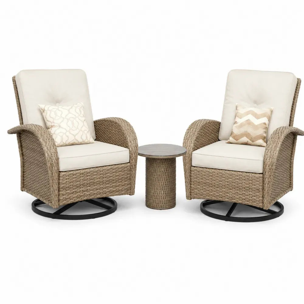 Garten Lounge Set 3 teilig mit 2 Drehsesseln und Beistelltisch aus PE Rattan Stahl Polyester und Sicherheitsglas Naturbeige Creme Schwarz Dunkelgrau