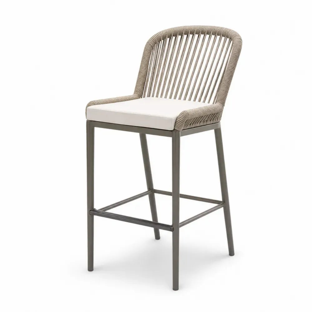 Gartenbarstuhl mit Armlehnen und Sitzkissen 55 x 58 x 110 cm Stahl Polypropylen Seilgeflecht Polyester rechteckig Beige Cremeweiß Dunkelgrau