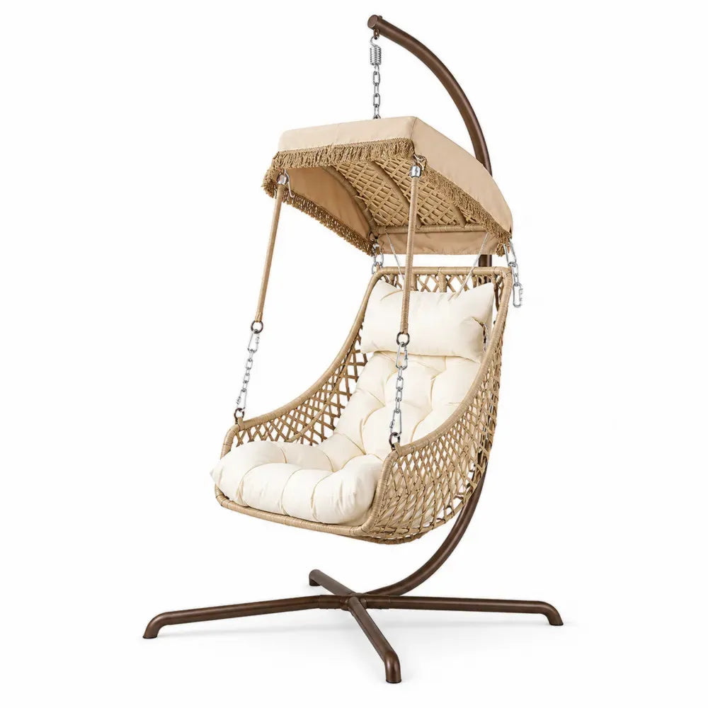 Hängesessel mit Gestell und Dach 105 x 110 x 200 cm aus PE Rattan pulverbeschichtetem Stahl und Polyester Naturbeige Creme Braun
