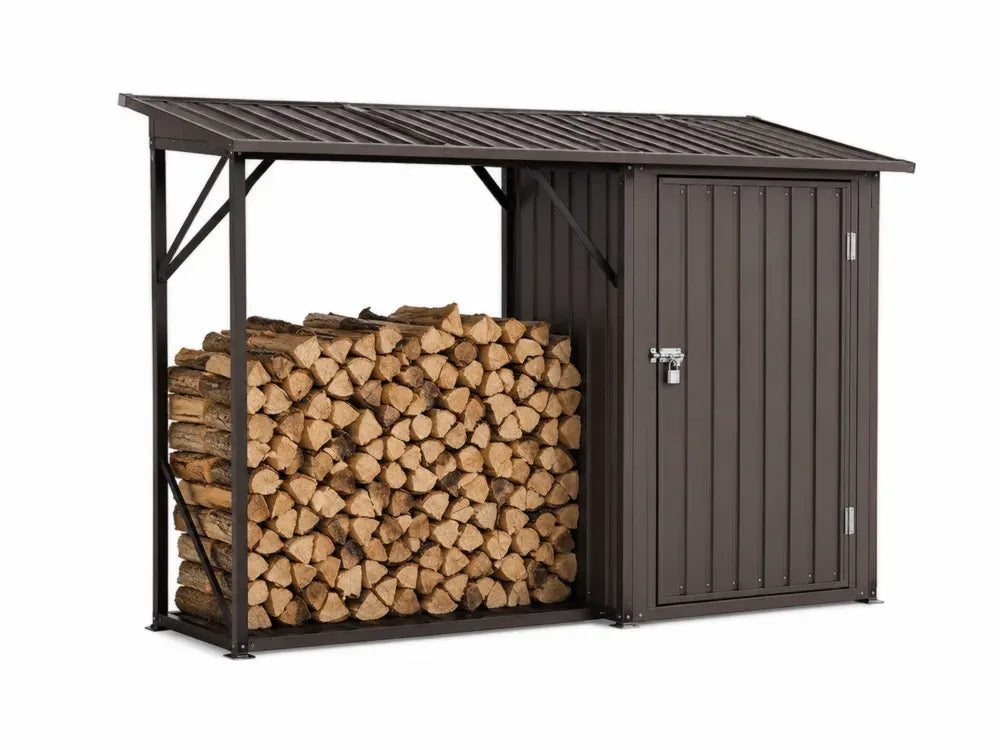 Gartenschuppen Gerätehaus mit Brennholzlager Pultdach verzinktes Stahlblech rechteckig Dunkelbraun Silberfarben 230 x 120 x 185 cm