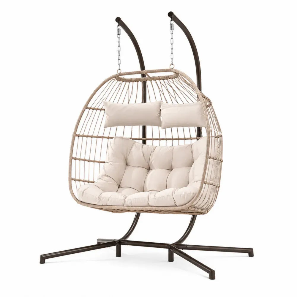 Hängesessel 2-Sitzer mit Gestell 160 x 120 x 196 cm aus PE Rattan pulverbeschichtetem Stahl und Polyester eiförmig Beige Braun Creme