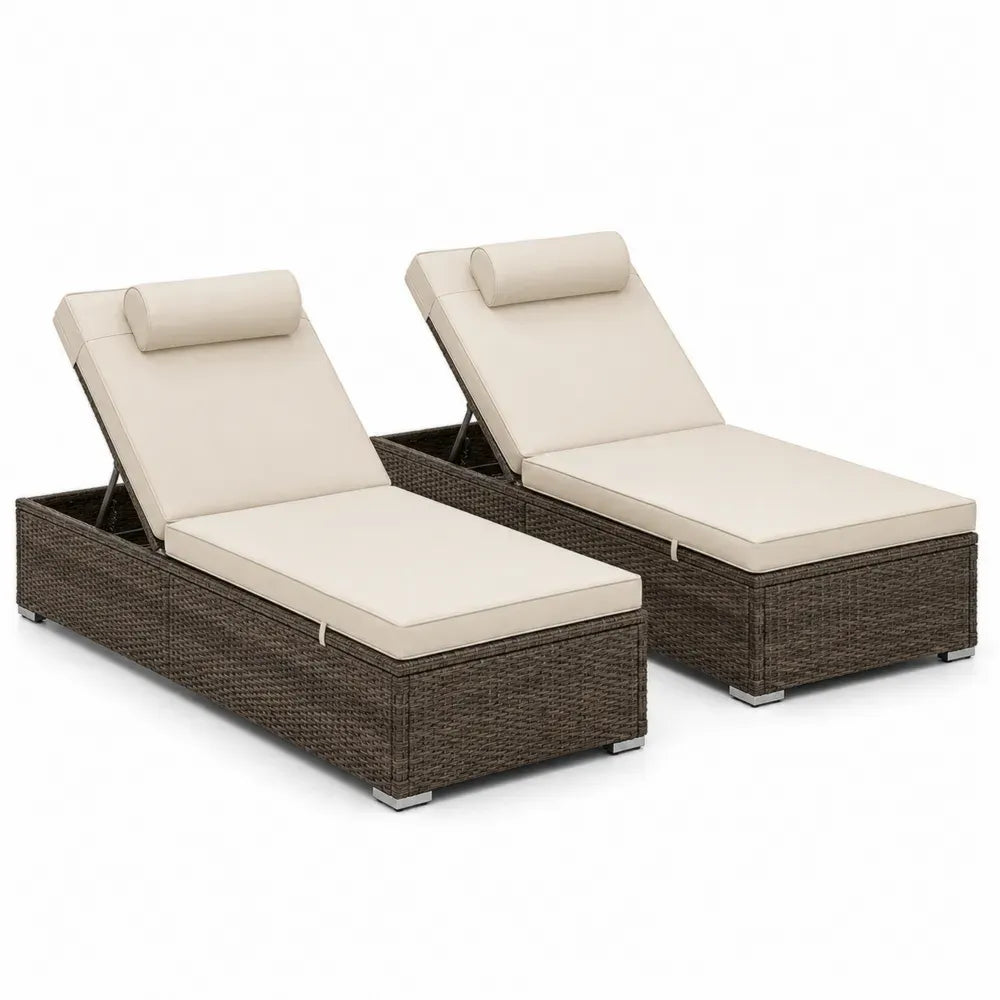 Gartenliegen Set 2 teilig mit Auflagen und Nackenrollen je 200 x 73 x 92 cm aus PE Rattan pulverbeschichtetem Stahl und Polyester Dunkelbraun Cremeweiß