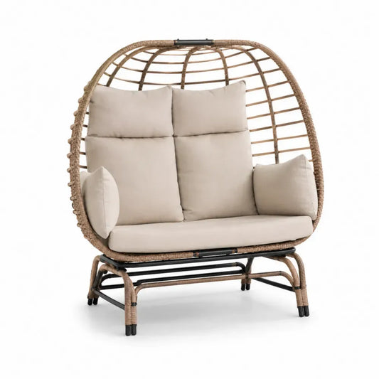 Gartensessel 2-Sitzer 150 x 95 x 155 cm aus pulverbeschichtetem Stahl PE Rattan und Polyester bogenförmig Naturbeige Creme Schwarz mit Kissen