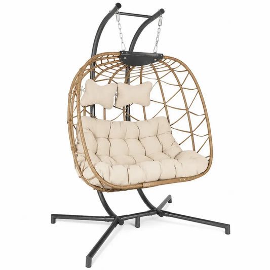 Hängesessel mit Gestell 2-Sitzer aus PE-Rattan Stahl und Polyester Naturbraun Creme Schwarz mit Kissen 120 x 95 x 195 cm