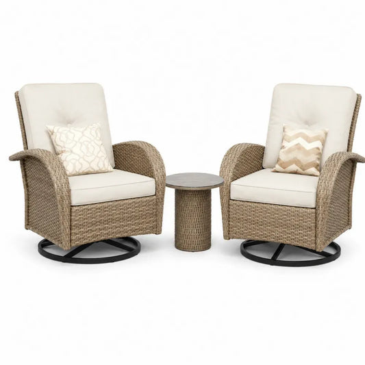 Garten Lounge Set 3 teilig mit 2 Drehsesseln und Beistelltisch aus PE Rattan Stahl Polyester und Sicherheitsglas Naturbeige Creme Schwarz Dunkelgrau