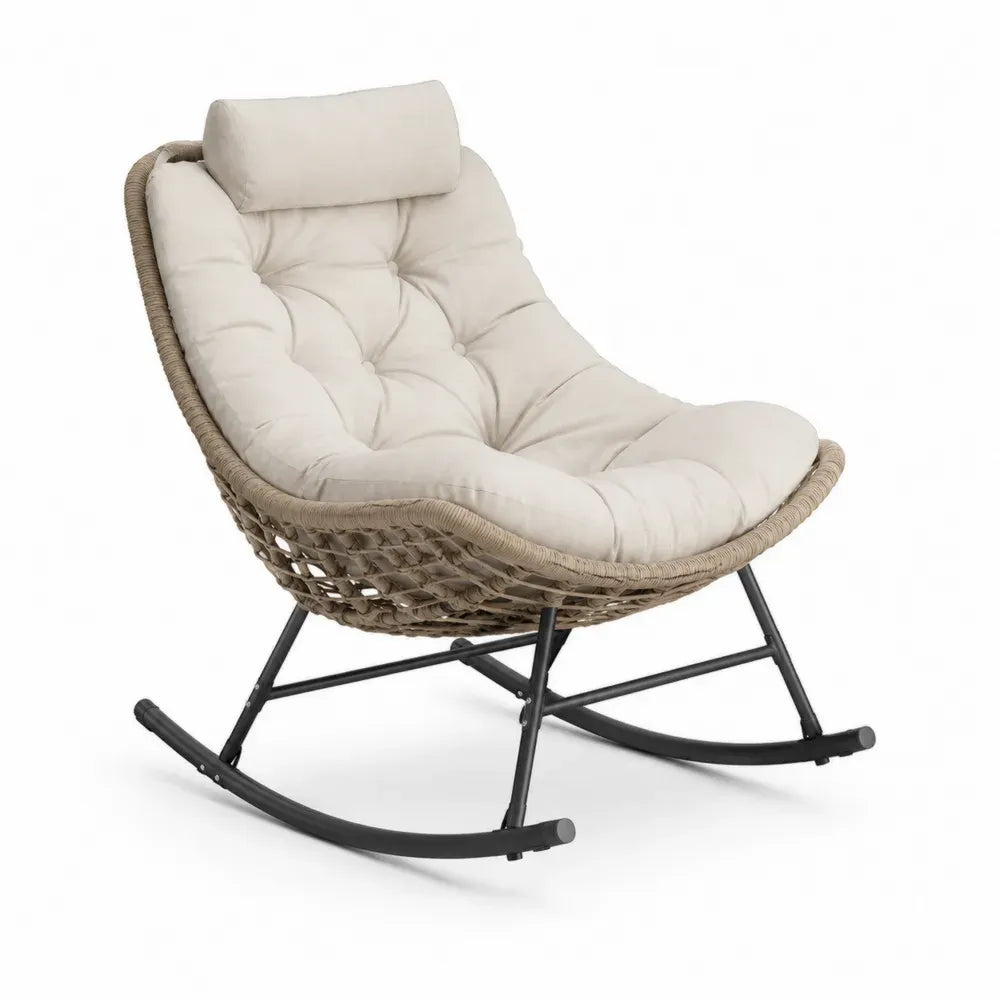 Gartenschaukelstuhl mit rundem Schalensitz aus PE-Rattan Stahl und Polyester Natur Cremeweiß Schwarz 95 x 105 x 95 cm