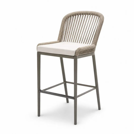 Gartenbarstuhl mit Armlehnen und Sitzkissen 55 x 58 x 110 cm Stahl Polypropylen Seilgeflecht Polyester rechteckig Beige Cremeweiß Dunkelgrau