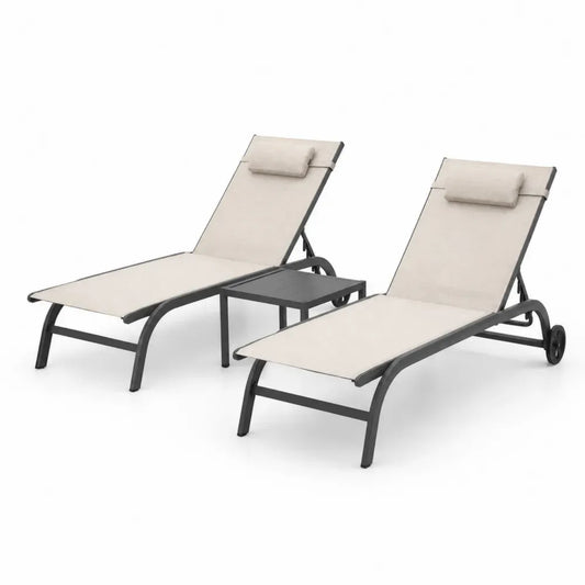 Gartenliegen 2er Set mit Beistelltisch 190 x 60 x 85 cm aus Stahlrohr und PVC beschichtetem Polyestergewebe Beige Dunkelgrau Schwarz