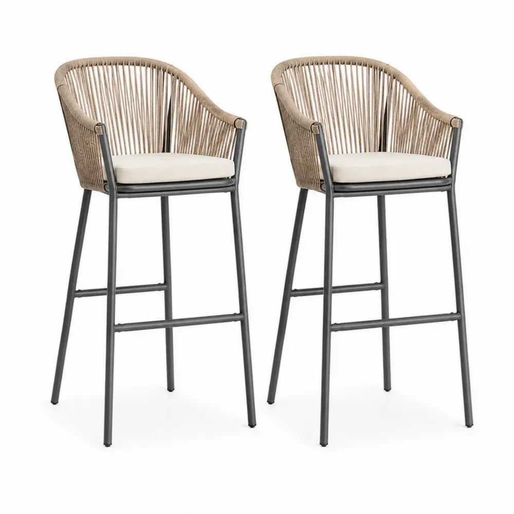 Gartenbarstühle 2er Set mit Armlehnen und Sitzkissen 55 x 58 x 110 cm Stahl Polypropylen Seilgeflecht Polyester Beige Dunkelgrau