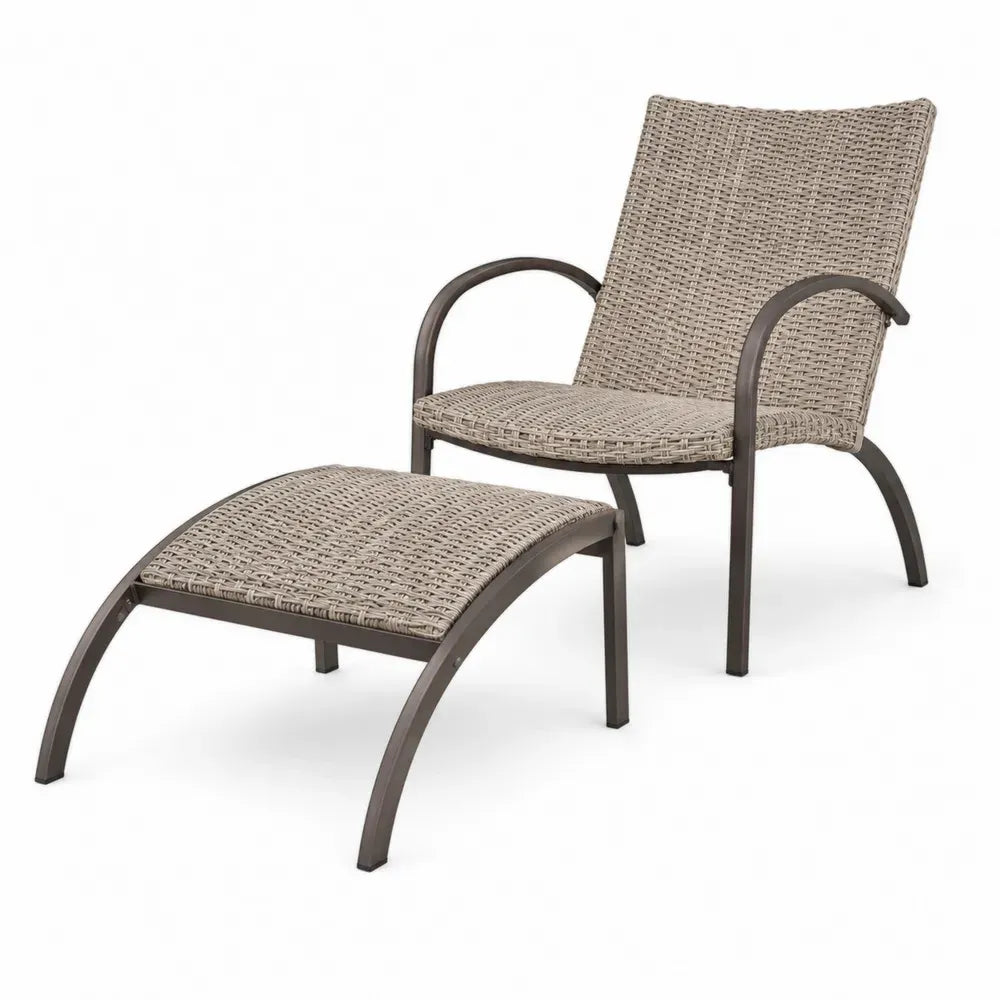 Garten Loungesessel Set mit Fußhocker 68 x 78 x 88 cm und 62 x 50 x 38 cm aus PE Rattan und pulverbeschichtetem Stahl Naturbeige Dunkelbraun