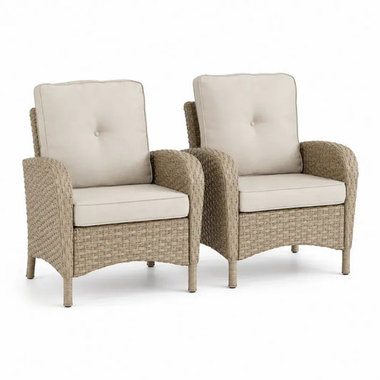 Gartensessel Set 2 teilig mit Polstern je 72 x 78 x 92 cm aus PE Rattan und pulverbeschichtetem Stahl Naturbeige Cremeweiß