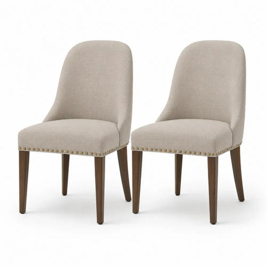 2er Set Esszimmerstühle Polsterstühle 52 x 62 x 90 cm Polyestergewebe Kautschukholz Nagelkopfbesatz Beige Braun Messingfarben