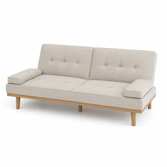 Schlafsofa Futon mit Klappfunktion und 2 Armkissen Polyestergewebe Kautschukholz rechteckig Beige Naturfarben 180 x 86 x 78 cm