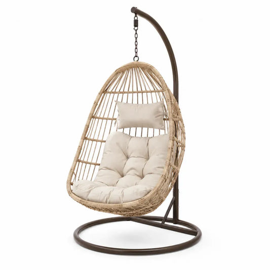 Garten Hängesessel mit Gestell eiförmig aus PE-Rattan Stahl und Polyester Beige Braun Creme 105 x 105 x 195 cm
