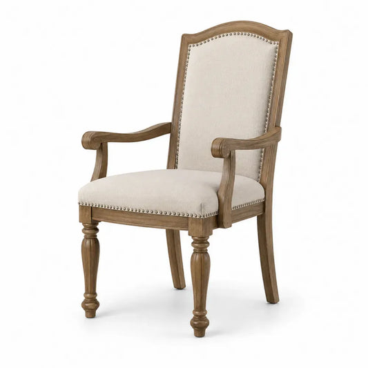 Esszimmerstuhl Armlehnstuhl mit Polstersitz Kautschukholz Polyester Leinen Mischgewebe rechteckig Beige Braun Antikmessingfarben 62 x 64 x 105 cm