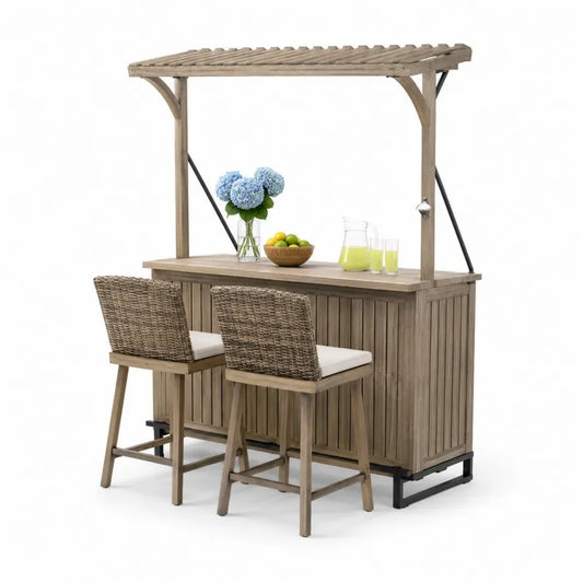 Gartenbar Set 3-teilig mit Dach und 2 Barhockern 120 x 60 x 215 cm Akazienholz PE Rattan Stahl rechteckig Graubraun Beige Schwarz