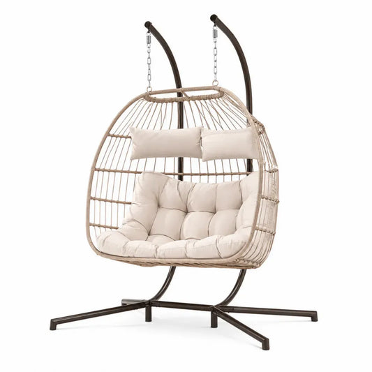 Hängesessel 2-Sitzer mit Gestell 160 x 120 x 196 cm aus PE Rattan pulverbeschichtetem Stahl und Polyester eiförmig Beige Braun Creme