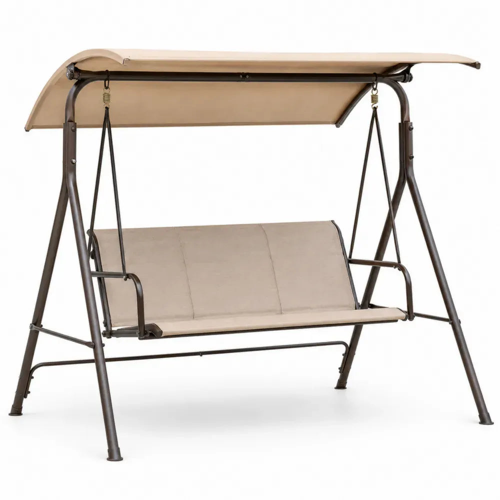 Hollywoodschaukel 3-Sitzer mit Sonnendach aus Stahlrohr und Polyester Beige Dunkelbraun 200 x 120 x 170 cm
