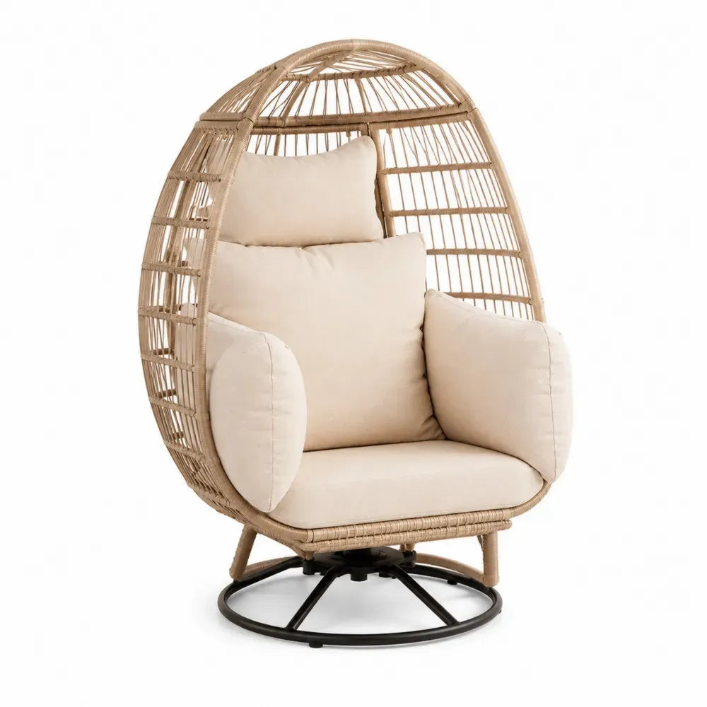 Eiförmiger Gartensessel mit Kissen 95 x 100 x 150 cm aus PE Rattan pulverbeschichtetem Stahl und Polyester Natur Beige Schwarz