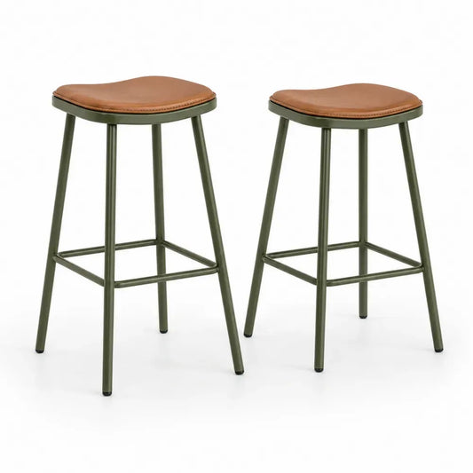 Barhocker 2er Set Tresenhocker 42 x 42 x 70 cm PU Kunstleder pulverbeschichteter Stahl Sattelsitz Cognac Olivgrün