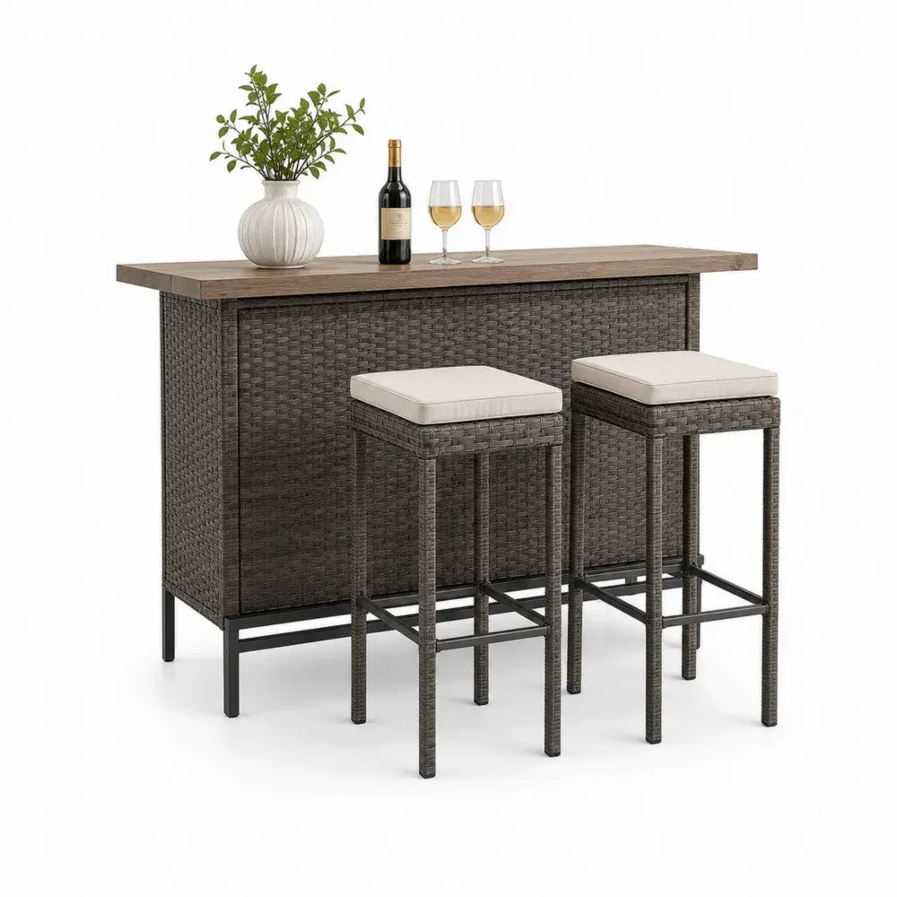 Gartenbar Set 3-teilig mit Bartisch 120 x 50 x 105 cm und 2 Barhockern PE-Rattan Stahl Akazienholz rechteckig Dunkelgrau Naturbraun Creme