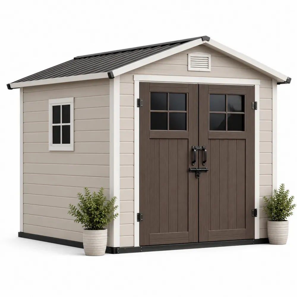 Gartenschuppen Gerätehaus 213 x 130 x 185 cm aus Polypropylen rechteckig mit Satteldach Doppeltür Beige Braun Schwarz Weiß