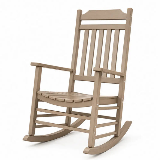 Schaukelstuhl mit Armlehnen 68 x 92 x 118 cm aus HDPE Kunststoff und Edelstahl mit Lamellensitz Taupe Silber
